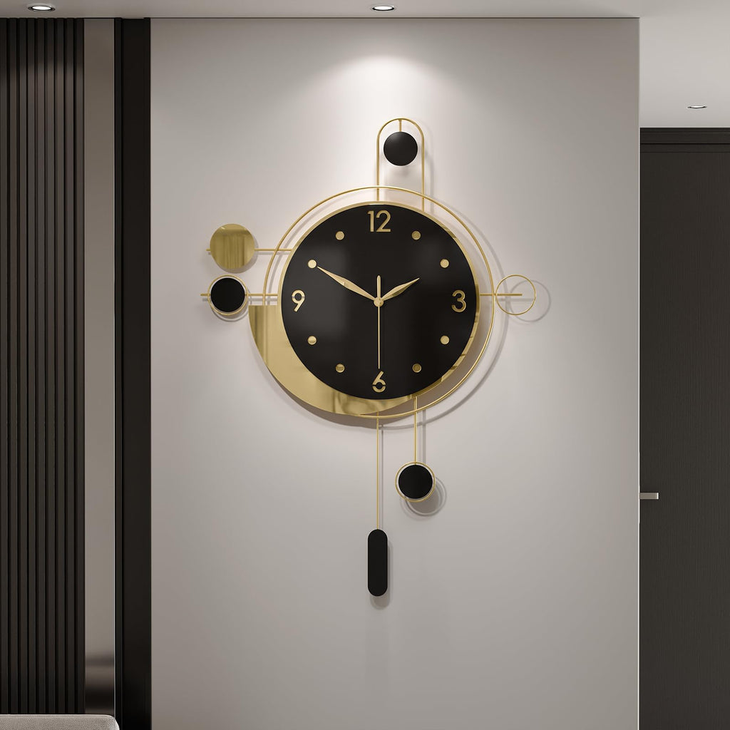 Modern Wall Clock Black Gold with Pendulum, Decorative Metal Clock