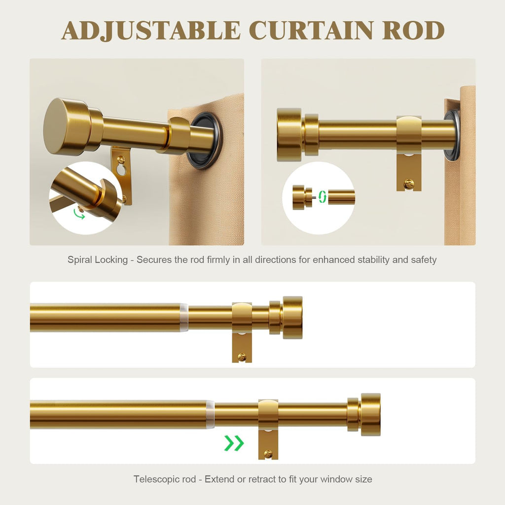 Heavy Duty Curtain Rods for Windows 72 to 144 Inch, 1 Inch Brass Gold Curtain Rod, Adjustable Length Rod with Metal
