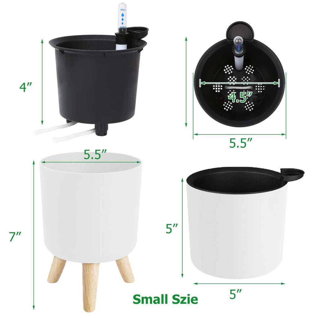 6.5" & 5.5" Self Watering Planters (2 Pack) for Indoor Plants with Water Indicator, White Modern Flower Pot with Wood