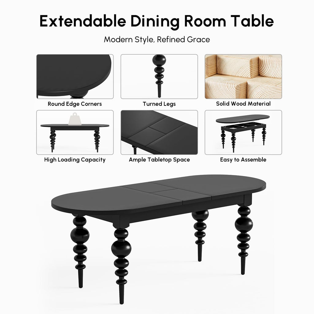 Oval Extendable Dining Table 67"-79", Mid-Century Modern Kitchen Table for 4-8, Black MDF Space-Saving Dining Table