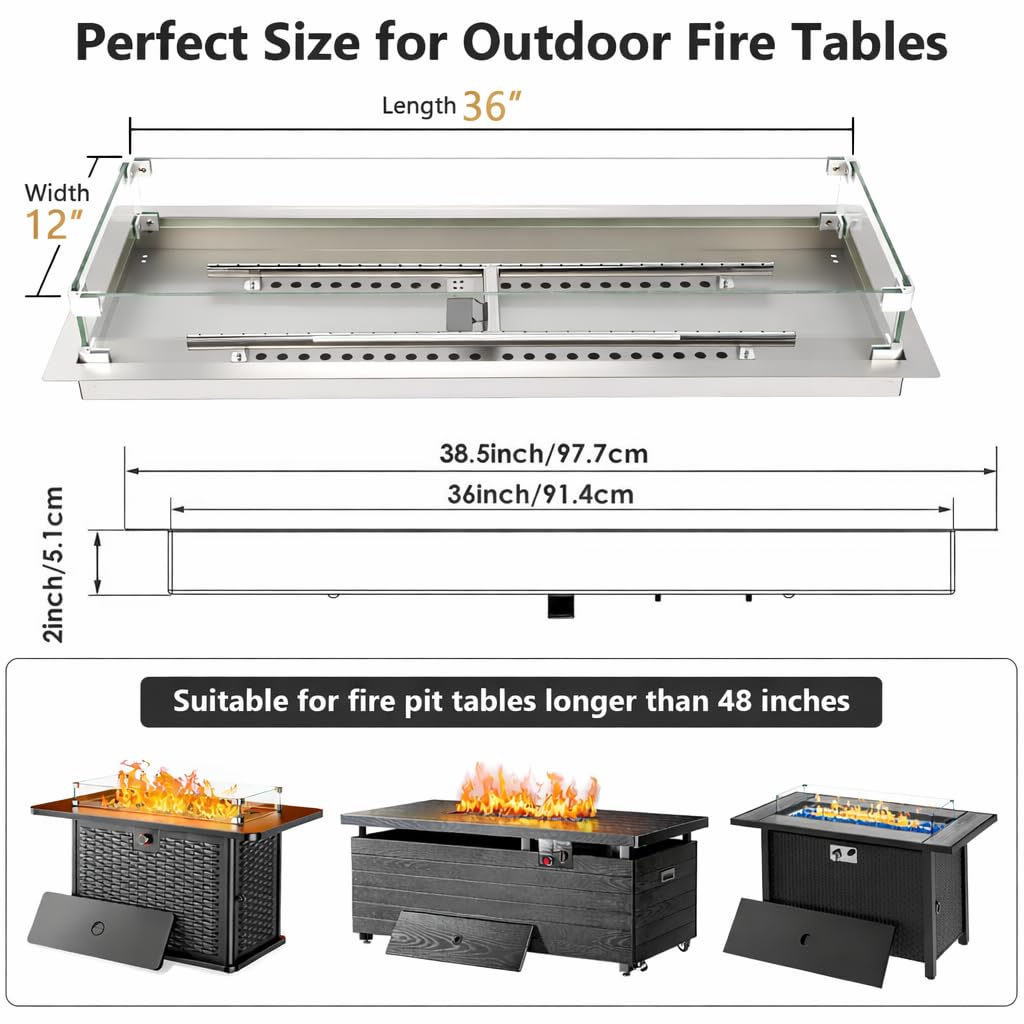 Upgraded 36 x 12 Inch Rectangular Drop-in Fire Pit Burner Kit