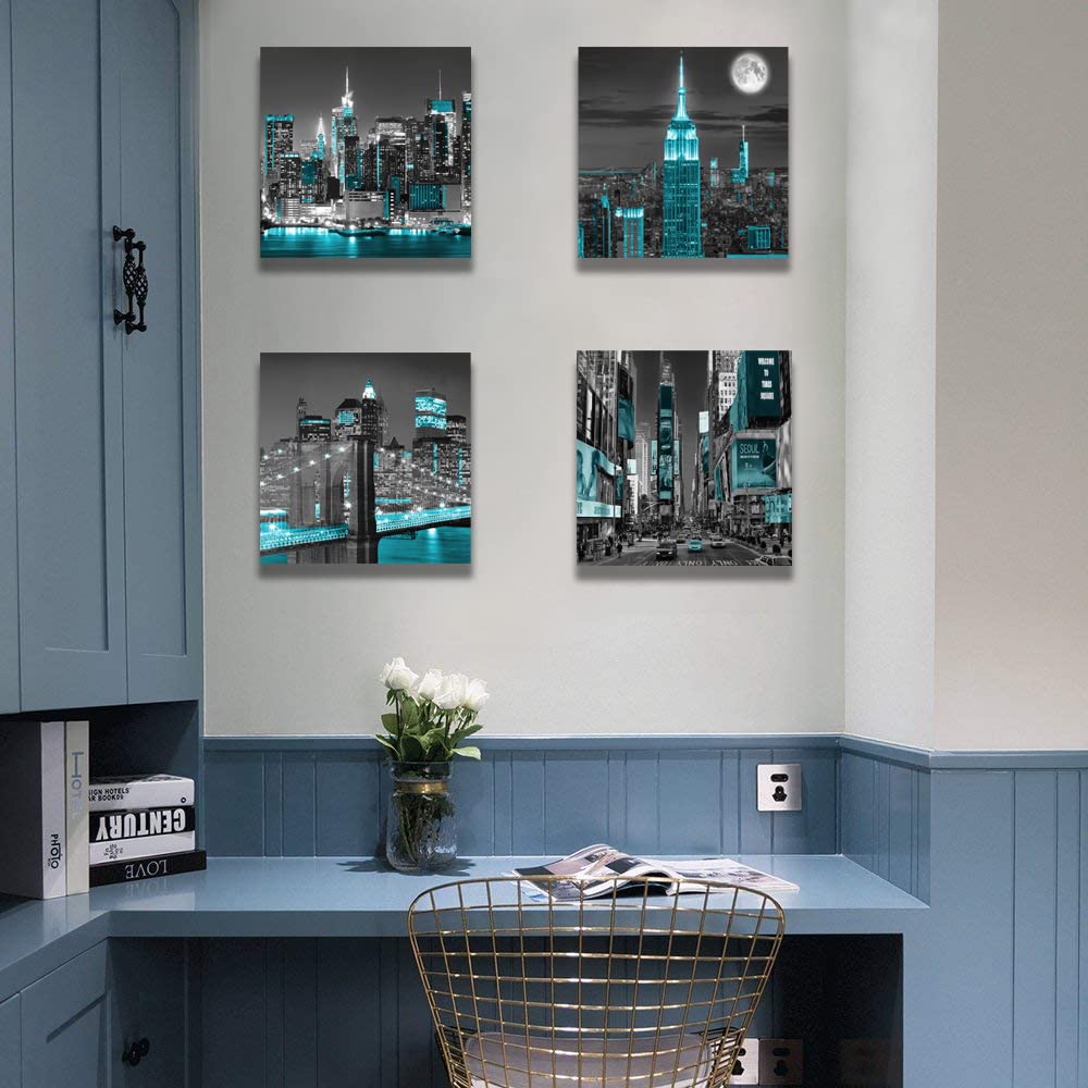 York City Canvas Wall Print black and white Brooklyn Bridge Pictures Blue Empire Building Wall Night View Modern
