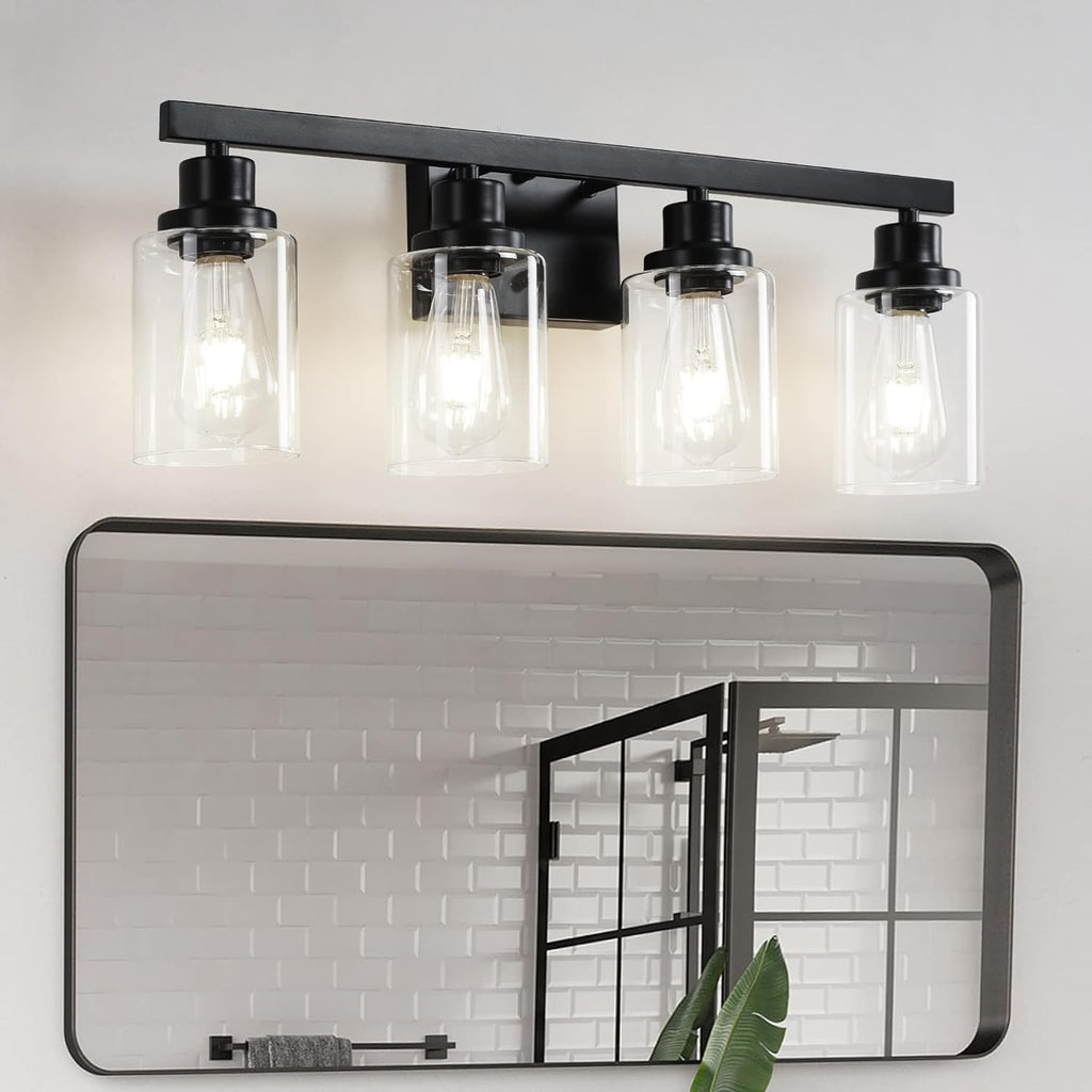 4-Light Bathroom Vanity Light, Modern Matte Black Wall Sconce Lighting with Clear Glass Shade, Bathroom Lighting