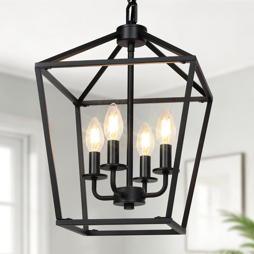 4 Light Chandelier, Industrial Ceiling Light Black Lantern Light Fixtures with Farmhouse Metal Cage Adjustable Height