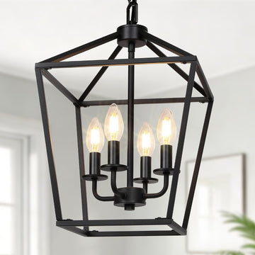 4 Light Chandelier, Industrial Ceiling Light Black Lantern Light Fixtures with Farmhouse Metal Cage Adjustable Height