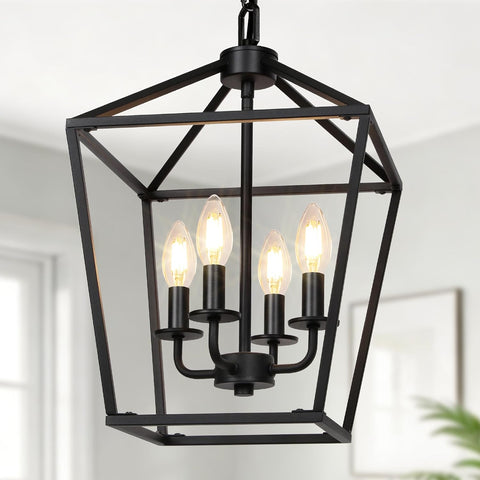 4 Light Chandelier, Industrial Ceiling Light Black Lantern Light Fixtures with Farmhouse Metal Cage Adjustable Height