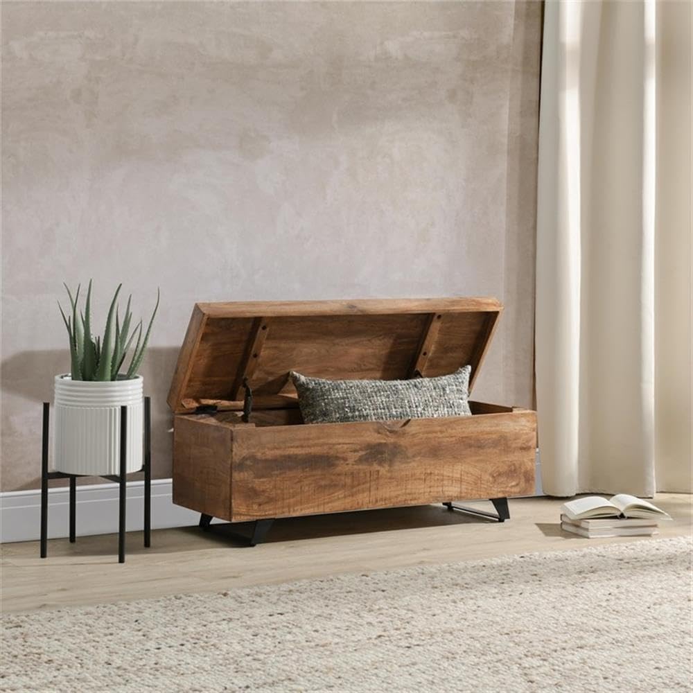 46" Mango Wood Storage Trunk, Natural Brown and Black Finish, Iron Legs, Soft Close Top, Functional Distressed