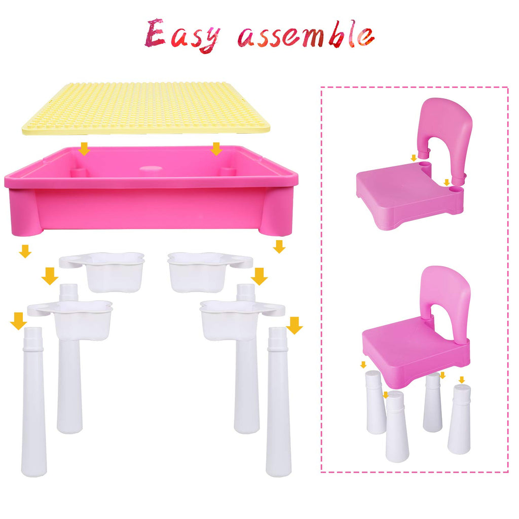 Toddler Building Table Set: 1 Chair 128 Blocks 4 Storage Bin Pink