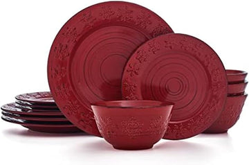 Trellis Snowflakes 12 Piece Dinnerware Set, Service For 4, Red