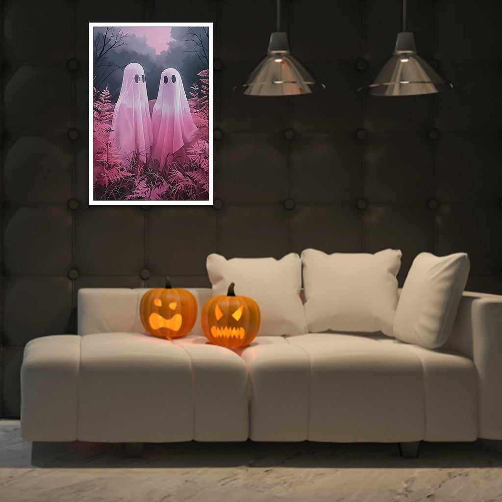 Retro White Two Ghost Posters Cute Horror Scary Wall Art Two Ghosts Wandering In The Plant Forest During The Day