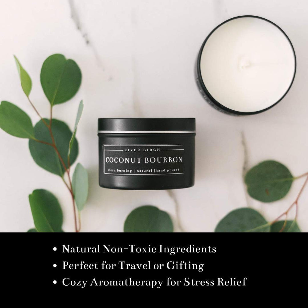 Birch Candles Coconut Bourbon Scented | Premium, All-Natural, Non-Toxic, Soy Candles | 8 oz. Black Matte Tin Travel