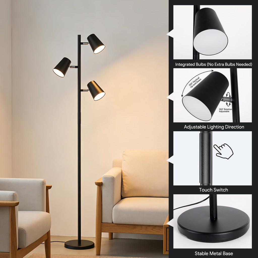 Energetic Dimmable Floor Lamp, Modern LED Tree Lamp, 5 Color Temperature, Standing Light with 3 Adjustable Head