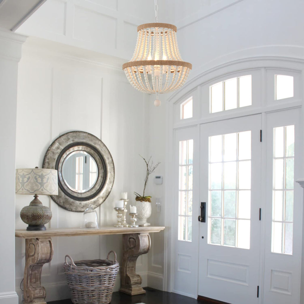 3-Light Boho Chandelier Farmhouse, Wood Bead Pendant Light, Antique Rustic Hanging Light Fixture Island Hallway