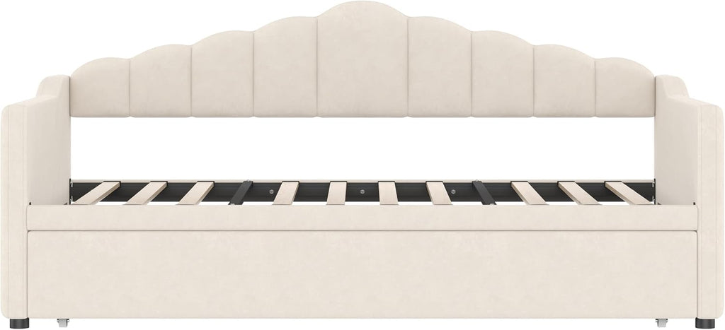 Daybed with Pop Up Trundle, Twin to King Sofa Bed Frame (Beige) | Velvet Upholstered, USB & Type-C Charging Port, 2