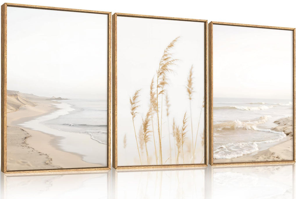 Modern Beach Waves Framed Wall Art Set, Seaside Reed Pathway Wall Decor, Minimalist Neutral Coastal Landscape