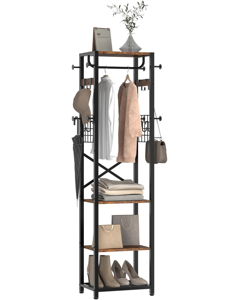 Coat Rack with Shelves, Freestanding Hall Tree, Coat Tree with 16 Hooks and Hanging Rail, Industrial Clothes Stand