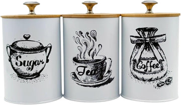 3-Piece Kitchen Canister Set for Coffee Tea Sugar, Iron and Bamboo Countertop Storage Jars with Dustproof Lids - Set of 3