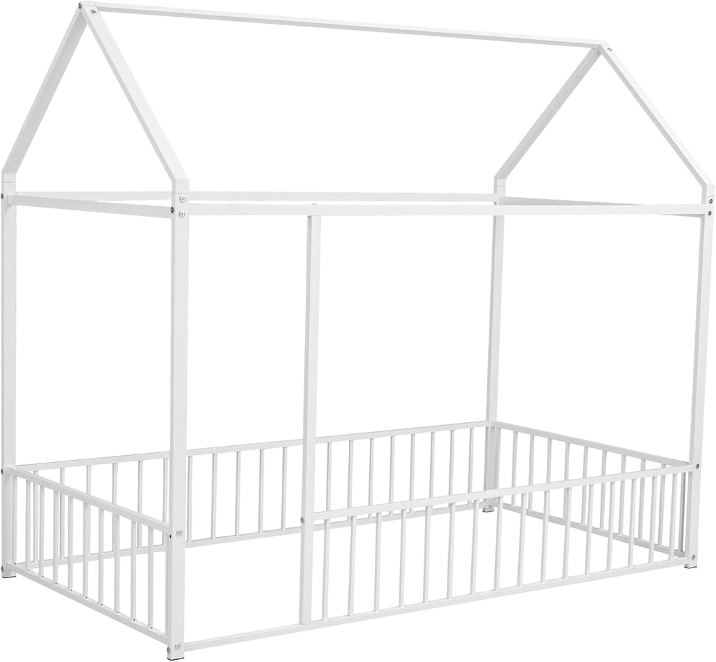 Twin Size Montessori Floor Bed, Metal House Bed Frame for Kids, Floor Beds with Fence, White