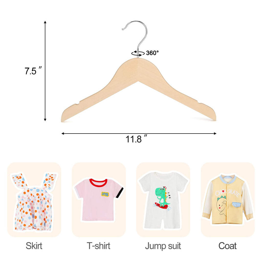 Unfinished/Natural Kids Children Baby Wood Wooden Clothes Dress Shirt Hangers with No Painting - 360°Stronger