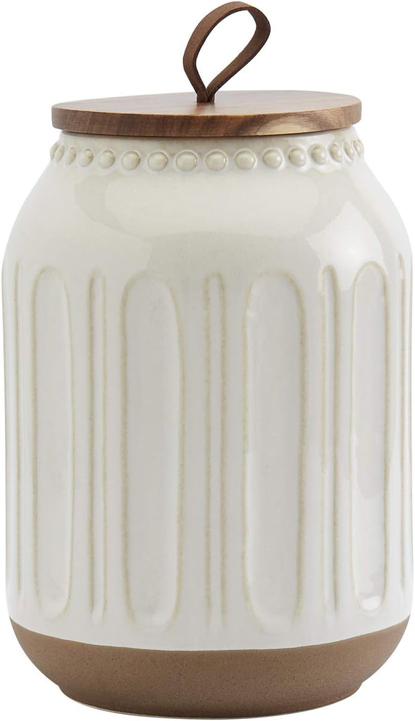 Tabletops Gallery Ceramic Canister Collection- Stoneware Designed Kitchen Storage Embossed Acacia Wood White Set, 3 - Set of 3