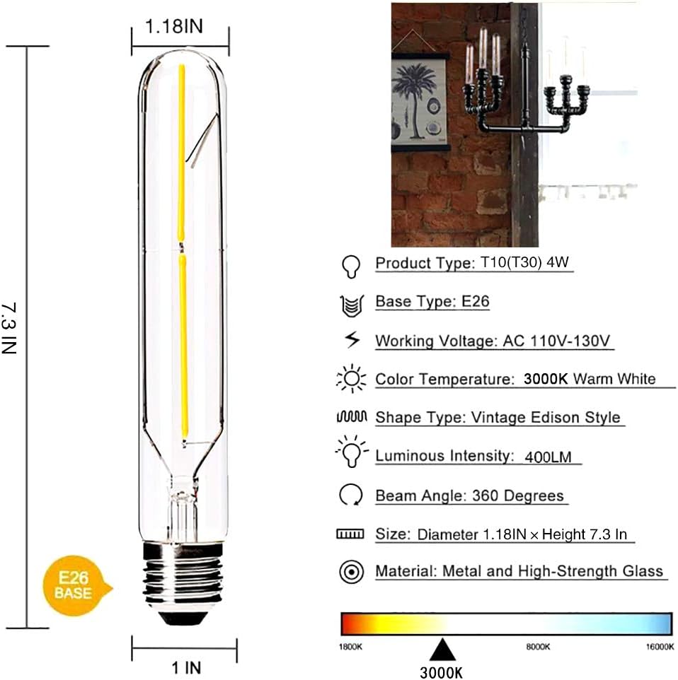 Dimmable T10 LED Bulbs 3000K Warm White LED Tubular Edison Light Bulbs 4W Tube Vintage Led Bulbs 40 Watt