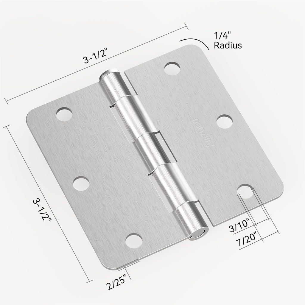 Door Hinges Brushed Nickel - 3 Pack 3.5 Inch Rounded Interior Satin Nickel with 1/4" Radius Corners - 3 1/2 Inches
