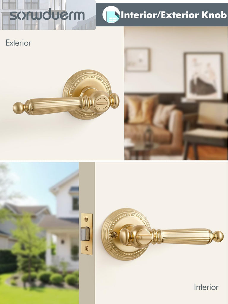 1 Pack Gold Door Lever Privacy Brushed Brass Door Handle Door Lever Bedroom and Bathroom Zinc Alloy