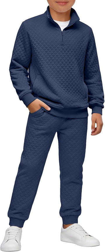 Boys 2 Piece Outfits Quilted Quarter Zip Sweatshirt and Jogger Set