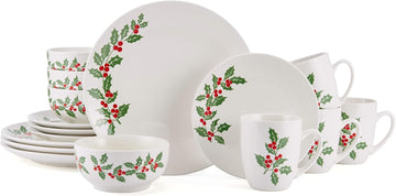 Holiday Cheer 16 Piece Dinnerware Set Service for 4 Multicolor Multi Color Casual Round Porcelain Pieces Microwave