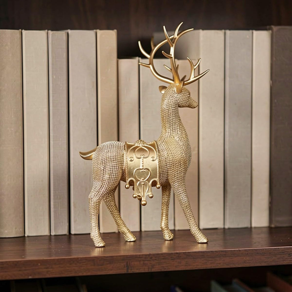 Xmas Resin Deer Figurines, Golden Elk Statue Pair for Mantel