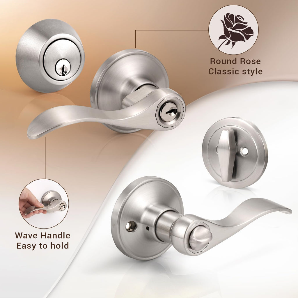 3 Sets of Front Exterior Door Knob Set with Single Cylinder Deadbolts in Satin Nickel Finish, All Keyed Same Combo