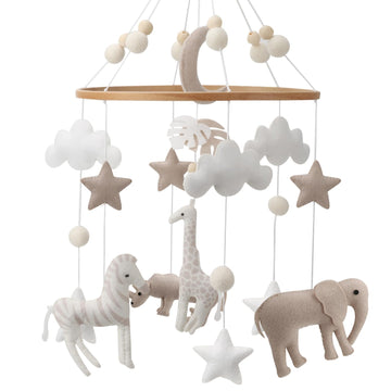 Safari Nursery Mobile Decoration, Neutral Felt Hanging Decor with Elephant, Giraffe, Zebra & Rhino, Boho Baby Room