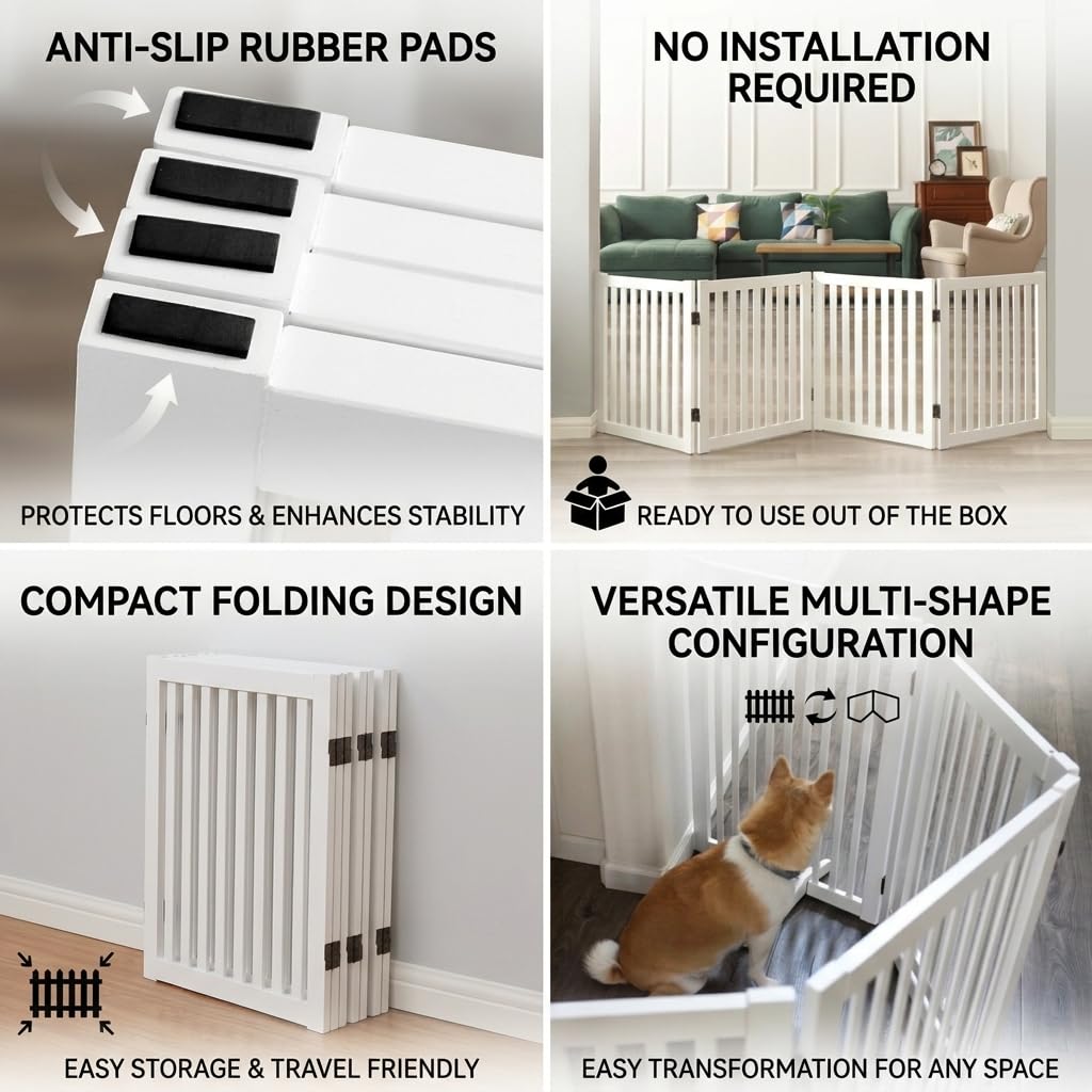 Wooden Freestanding Dog Gate, Expandable Dog Gate, Indoor Pet Fence
