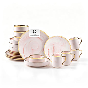 20 Piece Plates and Bowls Sets, Fine China Artisan Marbled Dinner Set for 4, Dishwahser Safe, Scratch Resistant, Pink