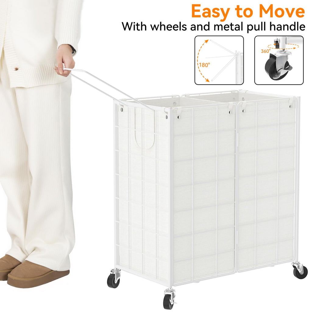 Double Laundry Hamper with Wheels, Metal Rolling Laundry Basket