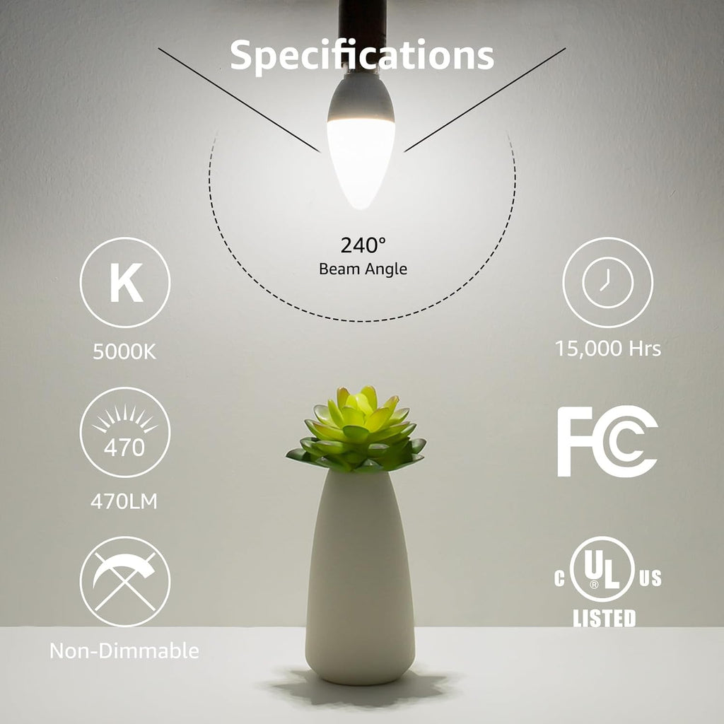 E12 LED Candelabra Light Bulbs, 5000K Daylight, 40W Equiv, 6 Pack