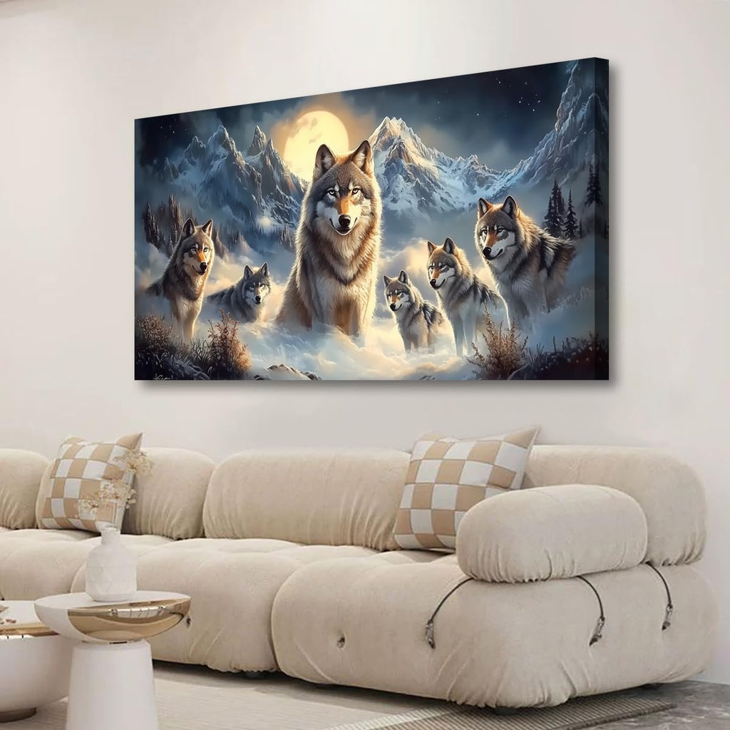 Framed Wolf Wall Art, 40x20 Inch Large Horizontal Mountain Moon Wolves Canvas Prints, Rustic Wildlife Nature Wall
