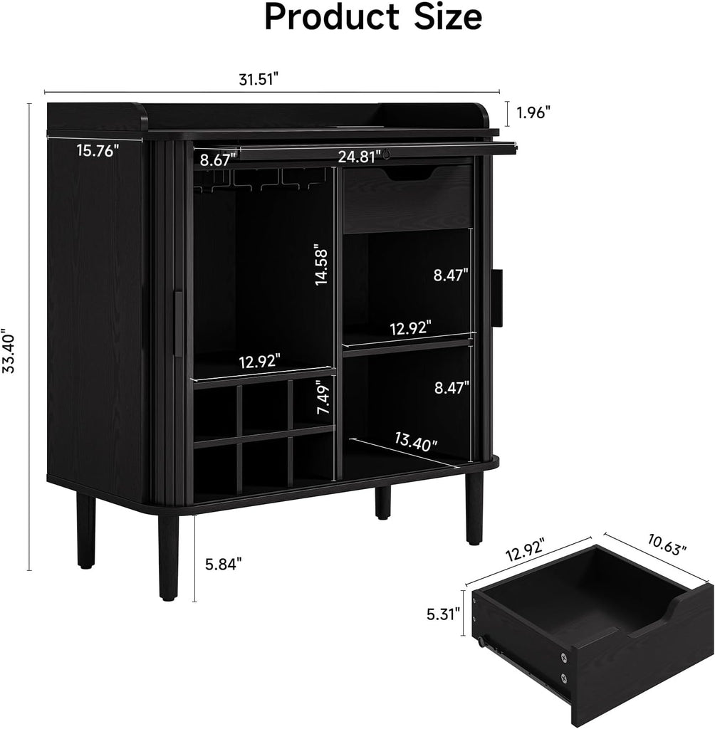Fluted Bar Cabinet with Storgae, Wine Cabinet, 33" H, Black | Coffee Bar Cabinet, Liquor Cabinet, with Charging