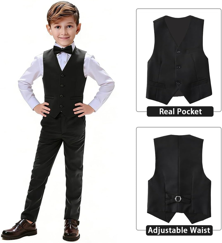 Boys Formal Suits 5 Pieces Slim Fit Toddler Tuxedo with Adjustable Waist