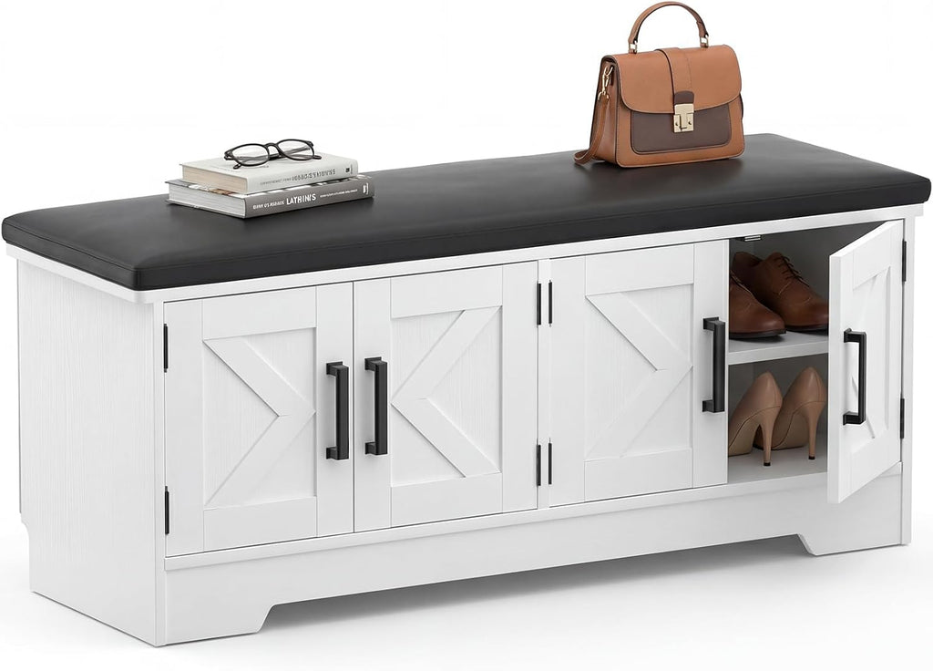 Farmhouse Shoe Storage Bench with Cushion - 43.3" Entryway Bench with Storage & 4 Barn Doors, 2-Tier Wooden Shoe Rack
