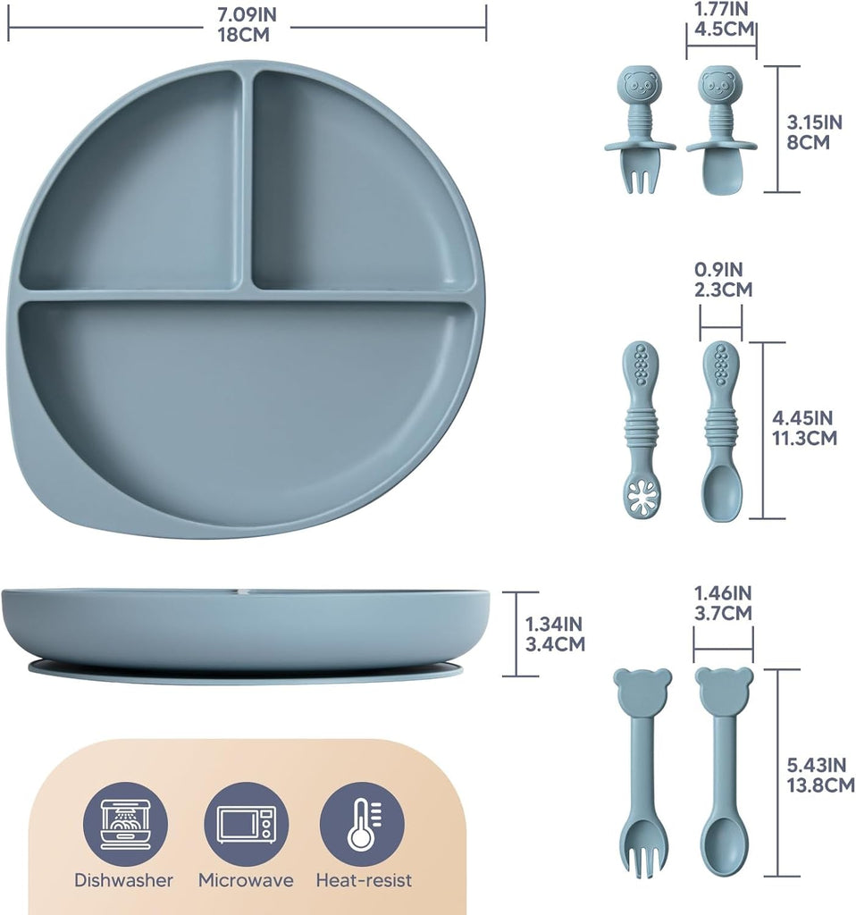 Piece Silicone Baby Feeding Set - Divided Suction Plate with 3 Sets of Spoons and Forks, BPA-Free Toddler Plates