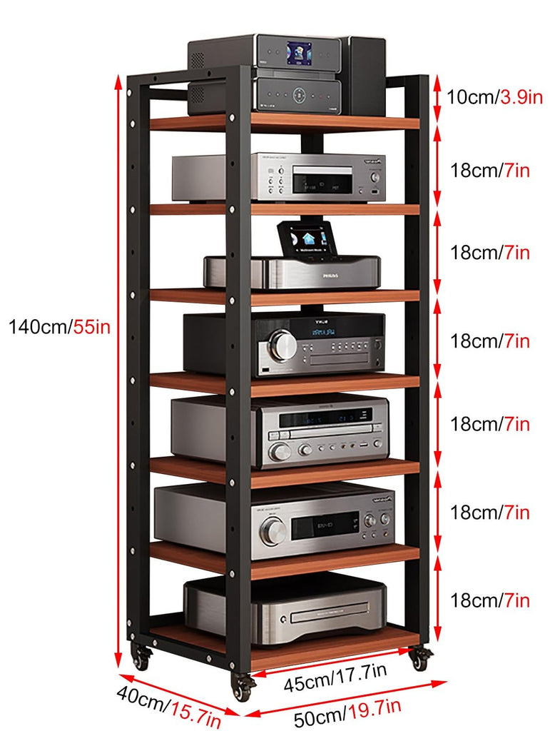 7 Tier Av Media Stand With Wheels, 55in Adjustable Audio Rack