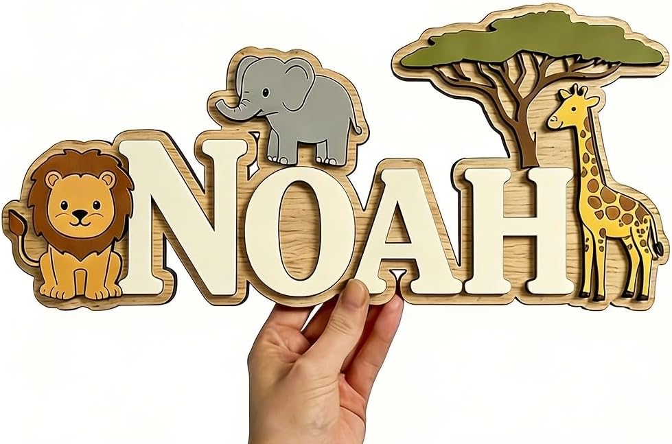 Personalized Safari Wooden Name Sign for Kids Room, Custom Jungle Animal Name Wall Decor, Nursery Name Sign, Baby