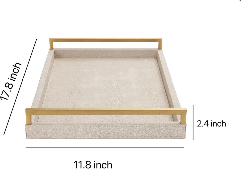 Ivory Shagreen Leather Serving Tray with Gold Handles-17.7x11.8 Inch Large Wooden Decorative Ottoman Tray fro Coffee