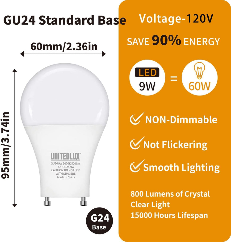 GU24 LED Light Bulb, 5000K Daylight, 9W(60W Equivalent), 800 Lumens, A19 Shape, Twist and Lock GU24 Pin Base with Two