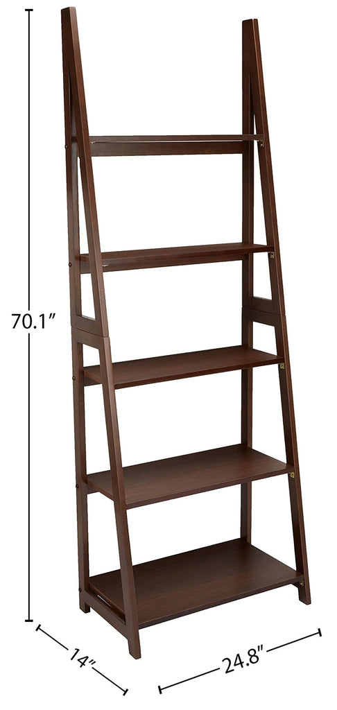 5-Tier Ladder Bookshelf Storage Organizer, Solid Rubberwood Frame, Space-Saving Bookcase, Sturdy Shelves, Walnut