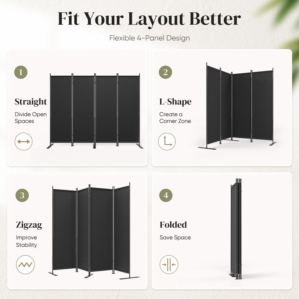 4 Panel Room Divider 6FT Tall Folding Privacy Screen, Black
