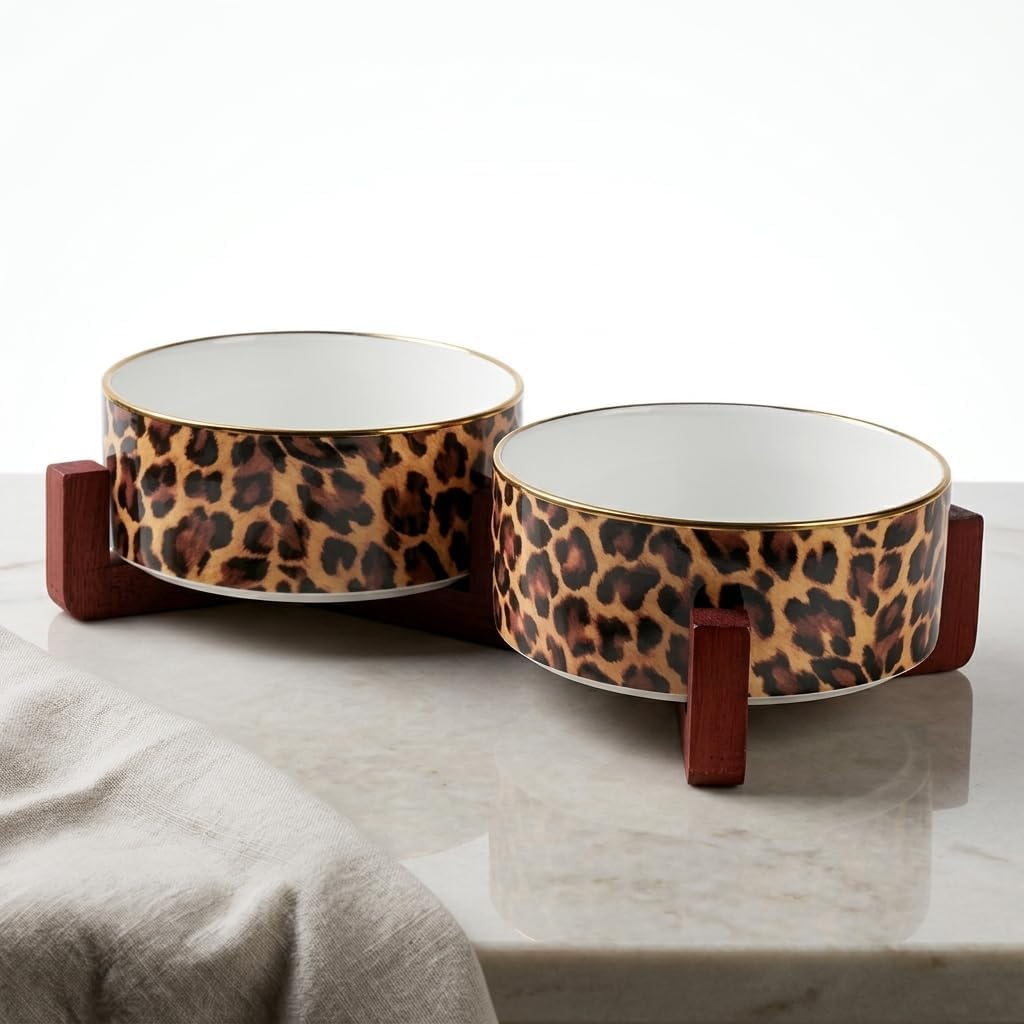 Ceramic Dog Bowl with Wood Stand, 4 Cups Dog Food and Water Bowl Set
