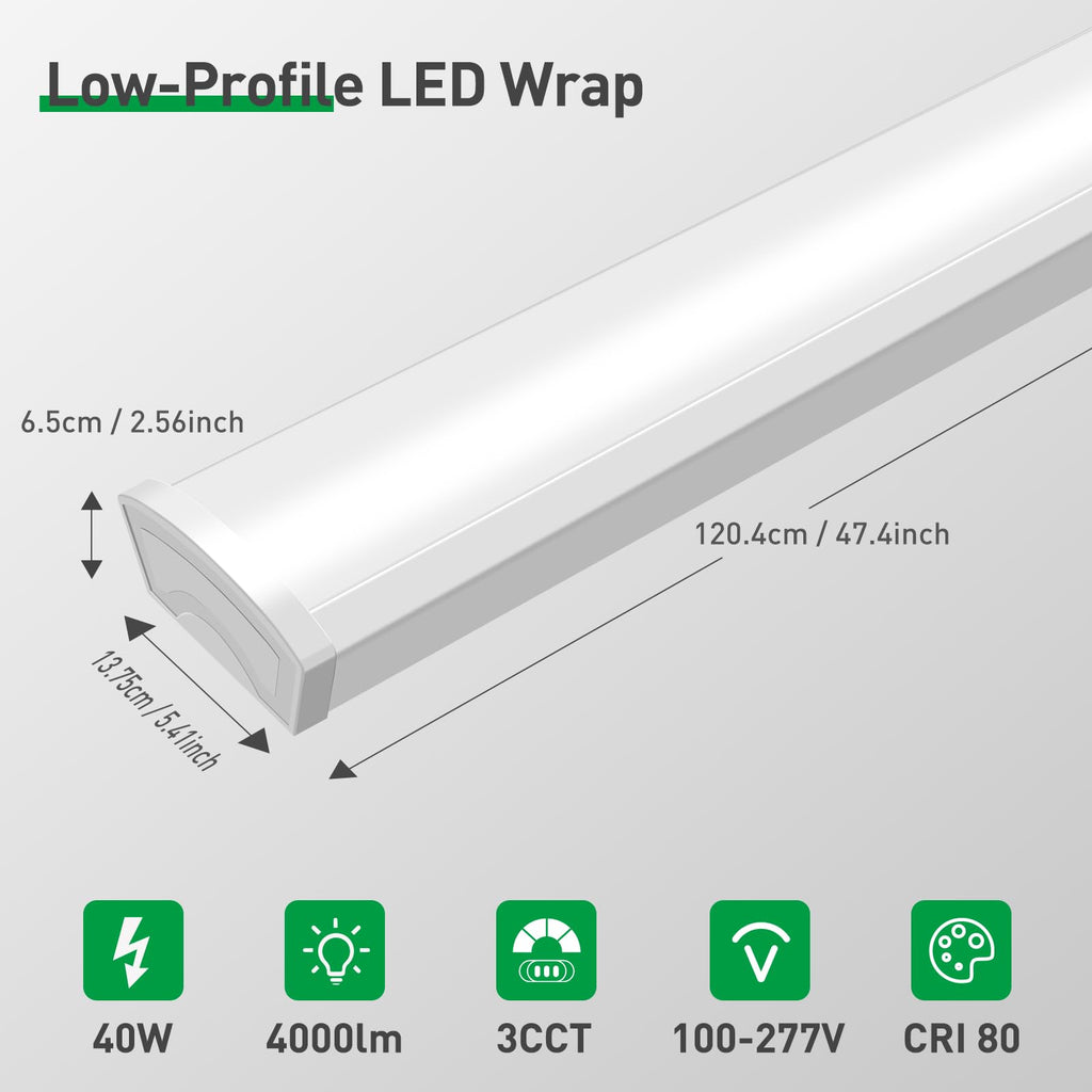 3CCT 3000K/4000K/5000K Adjustable LED Wraparound Light, 4FT 40W LED Shop Lights, Low-Profile Flush Mount Ceiling