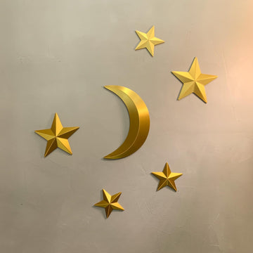6PCS Mid Century Modern 3D Star Wall Art Gold Retro Starburst Sculptures Vintage Celestial Home Decor, Gold Moon